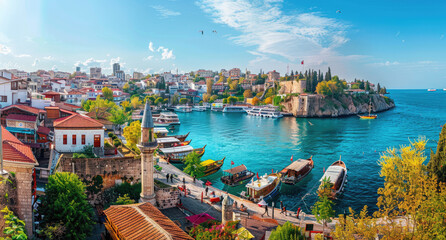 Fototapeta premium Beautiful view of the city of Antalya in Turkey, showcasing its harbor and historic architecture