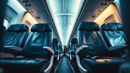 Close-up of a row of leather seats in an airplane cabin. Business trip concept. Generative AI - obrazy, fototapety, plakaty