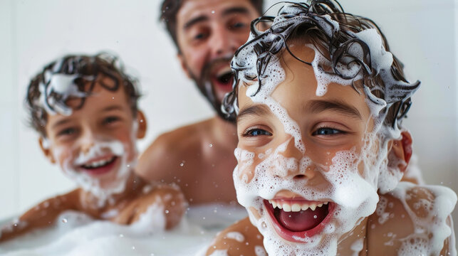 Close-up of father and son having fun with foam in the bathtub. Family concept, Father's Day. Generative AI