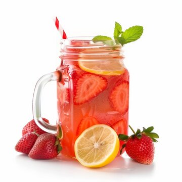 Cold summer strawberry lemonade in a jar on a white background.