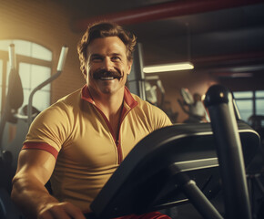 A 1980s-style male gym-goer, sporting a mustache, on a spinning bike, image exuding happiness, joyful and smiling male. The photo boasts a retro ambiance, enhanced by natural lighting.