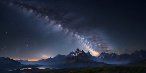 Naklejka premium Milky Way Galaxy Above Mountain Range at Night background