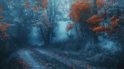 Gardinen Beautiful mystical forest in blue fog in autumn. Colorful landscape with enchanted trees with orange and red leaves. Scenery with path in dreamy foggy forest. Fall colors in october. Nature background © Manzoor