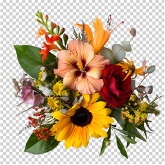 A bunch of colorful flowers with few green leaves on transparent background