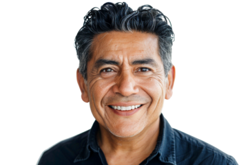 closeup of a confident mature hispanic man smiling, cut out picture