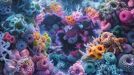 Thriving coral reef, viewed at the cellular level, where coral polyps and symbiotic algae engage in a dance of life.