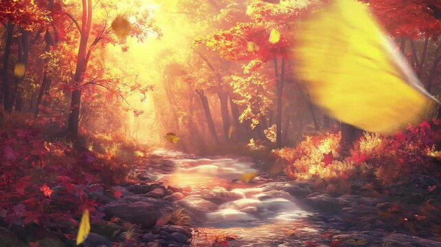 natural scenery in autumn with a small river flowing in the middle of the forest. Seamless 4k time lapse virtual video animation background