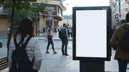 White blank, clean screen or signboard mockup for offers or advertisement, public area, walking people, street scene