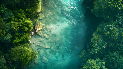 Overhead view of a crystal-clear river flowing through a dense, lush jungle, with a focus on the water's molecular structure.