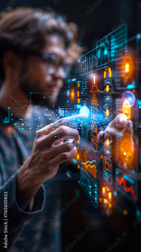 Poster business professional using a futuristic holographic display for data analysis and biometric securit