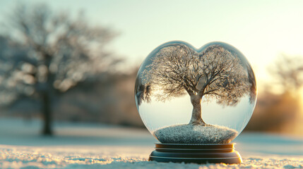 Snow covered heart shaped glass ball with tree inside. The background is blurred, creating a serene atmosphere. In the center there's an elegant winter scene featuring trees and branch