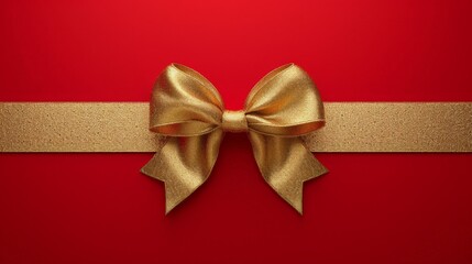 Elegant golden ribbon and bow on vibrant red background with copy space, 3D rendering for holiday and celebration themes