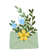 Flat doodle envelope with abstract floral composition. Flat hand drawn colored elements on white background. Unique print design for printout, poster, interior. Spring modern concept