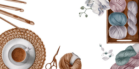 Watercolor composition for knitting magazines,knitting school,banners,websites.Skeins of yarn,wooden hooks,crane scissors,crocheted hot stand,coffee cup,stitch markers,wooden box,white orchid flowers.