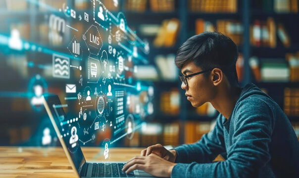 Education Professional Utilizing a Learning Management System (LMS) with Digital Icons for Course Development and Tracking