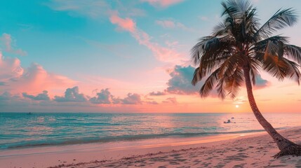 Beautiful sunset tropical beach with palm tree and pink sky for travel and vacation in holiday relax time