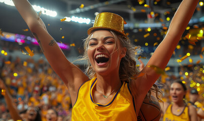 Professional female basketball player wearing a gold hat and celebrating the championship win