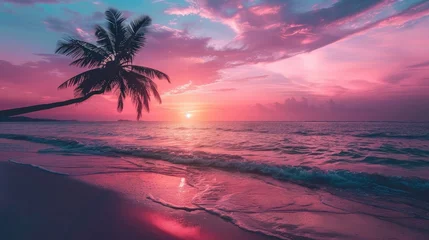 Foto auf Acrylglas Beautiful sunset tropical beach with palm tree and pink sky for travel and vacation in holiday relax time © Manzoor