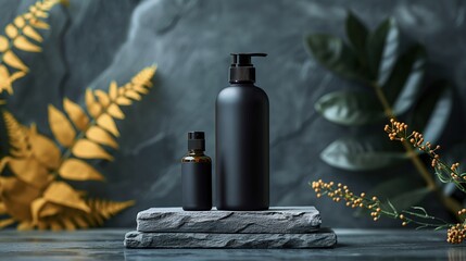 Cosmetic dark bottles for shampoo and oil with dispenser blank mockup for product in dark matte colors. with leaves on background - obrazy, fototapety, plakaty