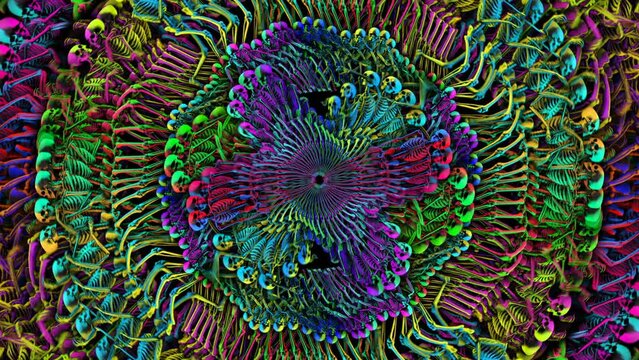 Seamless animation of a dancing skeletons with abstract echo effect. Funny halloween background with neon  glow effect