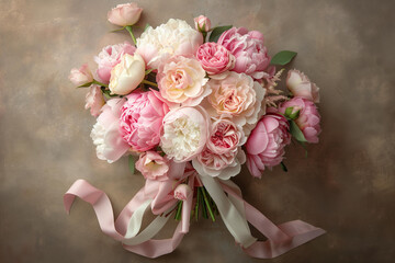 Bouquet of pink and white roses, peonies with pastel colored ribbon on a  beige background in a top...