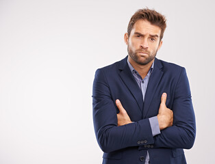 Entrepreneur, man and studio with arms crossed on white background with deadline and business...