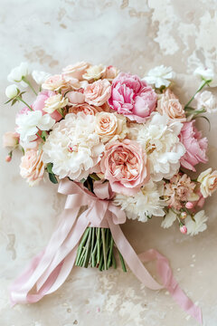 Bouquet of pink and white roses, peonies with pastel colored ribbon on a  beige background in a top view. Greeting card for Mother's Day, birthday or Valentine's Day or wedding