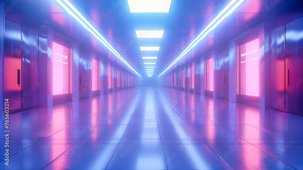 Poster futuristic corridor with neon lights, creating a sense of motion and technology in a modern architec