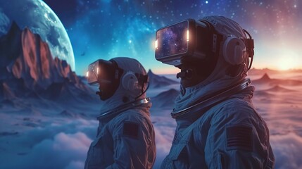 Astronauts Gazing At Cosmic Lights, Futuristic Space Suits With Reflective Visors, Sci-Fi Poster. Human Space Flight, Space Exploration, and Science Fiction. AI Generated - obrazy, fototapety, plakaty