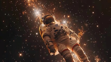 Astronaut in Spacesuit Floating Freely In Outer Space, Gold Glittering Stars And Galactic Dust. Human Space Flight. Weightlessness and Zero Gravity. AI Generated - obrazy, fototapety, plakaty