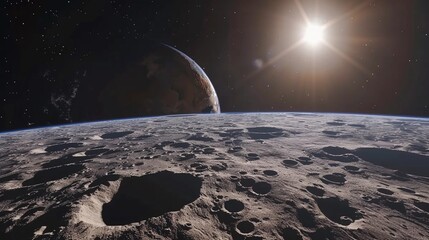 Moon Surface With Earth Rising In Background. Human Space Flight, Space Exploration, Human Achievement, and Science Fiction. AI Generated
