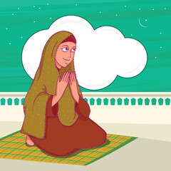 Islamic month of prayer, Ramadan Kareem celebration with young Muslim lady offering Namaz (Islamic Prayer) in night.