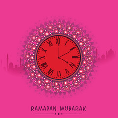 Beautiful clock indicating time for prayers, on mosque silhouetted pink background for holy month of prayers Ramadan Mubarak celebrations.