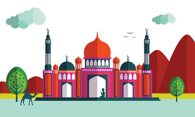 Beautiful view of a mosque and praying peoples on nature background, concept for Islamic holy month of prayers, Ramadan Kareem celebrations.