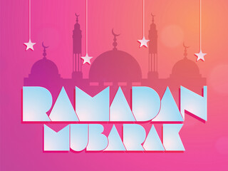 Stylish paper text Ramadan Mubarak with silhouette of mosque and hanging stars for Islamic holy month of the prayers.