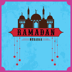Naklejka premium Vintage poster or greeting card design with mosque and hanging stars for Islamic holy month or prayers, Ramadan Kareem celebrations.