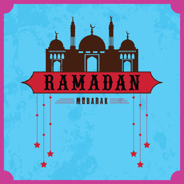 Vintage poster or greeting card design with mosque and hanging stars for Islamic holy month or prayers, Ramadan Kareem celebrations.