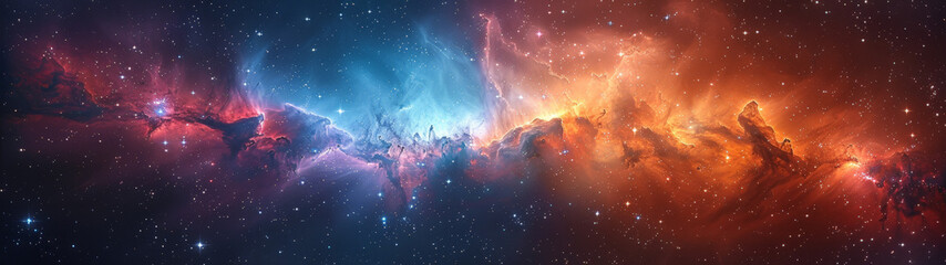 Wide angle panorama of beautiful Space Background featuring multicolored Gas clouds, Nebula and stars. Cosmic wallpaper.	 - obrazy, fototapety, plakaty