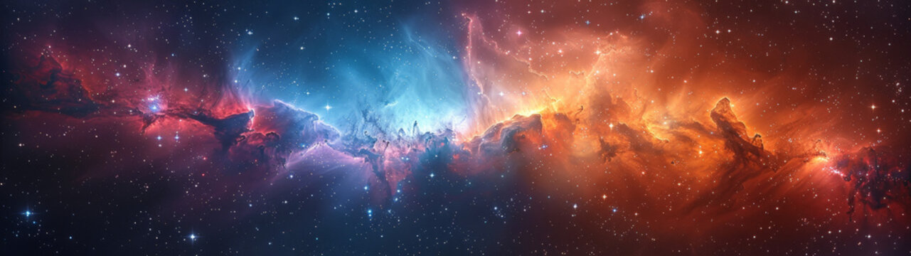 Wide angle panorama of beautiful Space Background featuring multicolored Gas clouds, Nebula and stars. Cosmic wallpaper.	