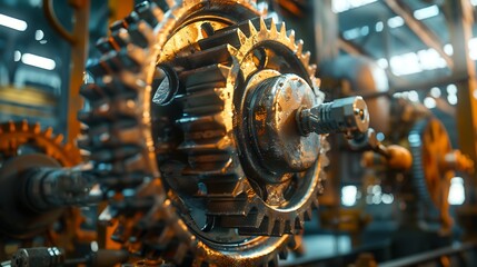 Vintage mechanical gear and wheel concept with closeup view of clockwork machinery in an industrial setting. Generative Ai