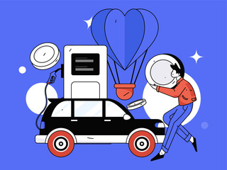 Vector Internet operation hand-drawn illustration of people getting discounts for refueling their cars
