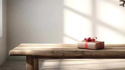  An ultrarealistic photograph of a minimalist wooden table in the foreground and a gift box placed on it.