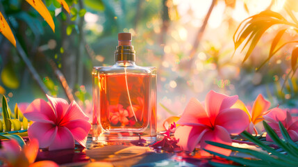 Fragrance bottle, perfume product on background of sunny tropical jungle. - obrazy, fototapety, plakaty
