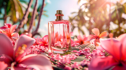 Fragrance bottle, perfume product on background of tropical jungle.