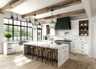 Modern farmhouse kitchen with island, white cabinets and light wood beams on the ceiling