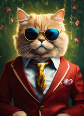 Whimsical Dream: Full-Bodied Portrait of a Super Cute Persian Cat in Suit and Sunglasses - Fantasy Surrealism, Trending on ArtStation, High Definition