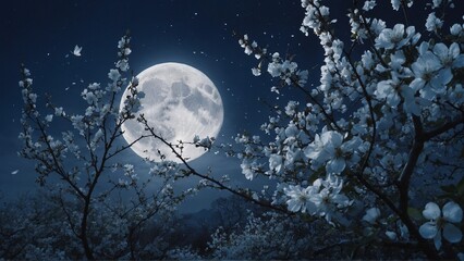Moonlit Cherry Blossoms: A Serene Night Sky