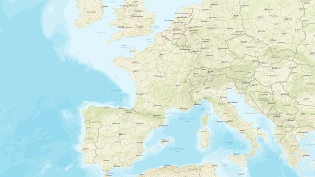 A camera from space zooming in on Paris on a world map