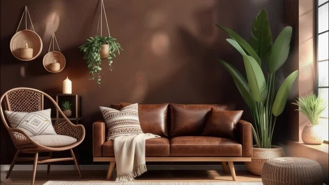 3D rendering. Cozy home interior with wooden furniture on a brown background, blank wall mockup with boho decor.