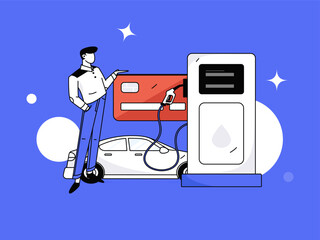 Vector Internet operation hand-drawn illustration of people getting discounts for refueling their cars
